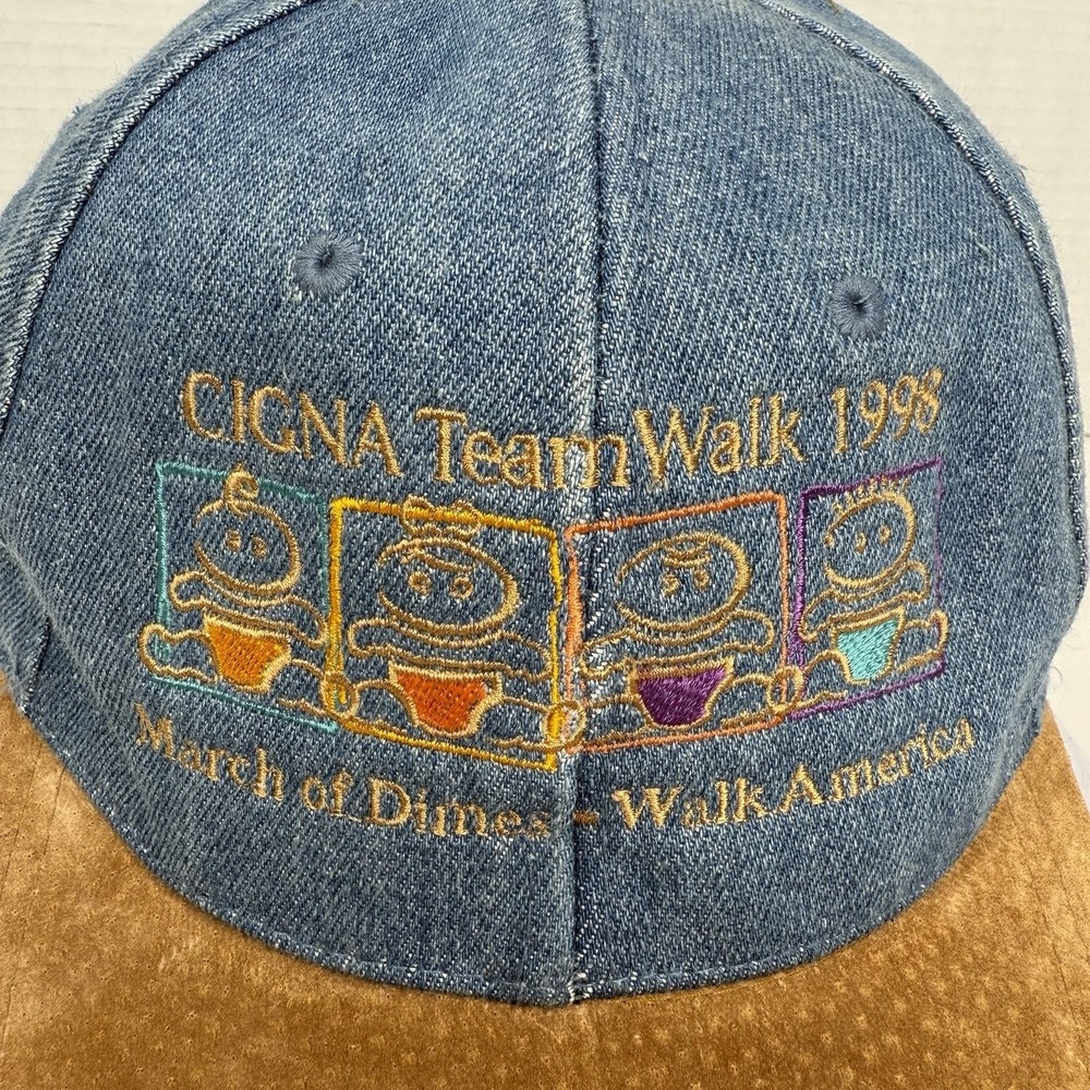 Vintage 90s Denim Cap Suede Brim CIGNA Team Walk 1998 Walk America Strapback - Picture 2 of 10